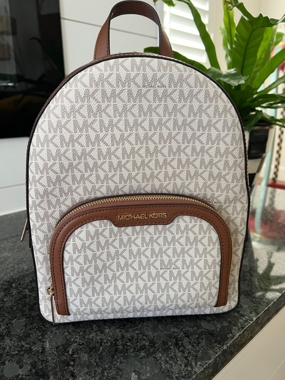 Michael Kors White MK Logo Mini Backpack with Brown Trim